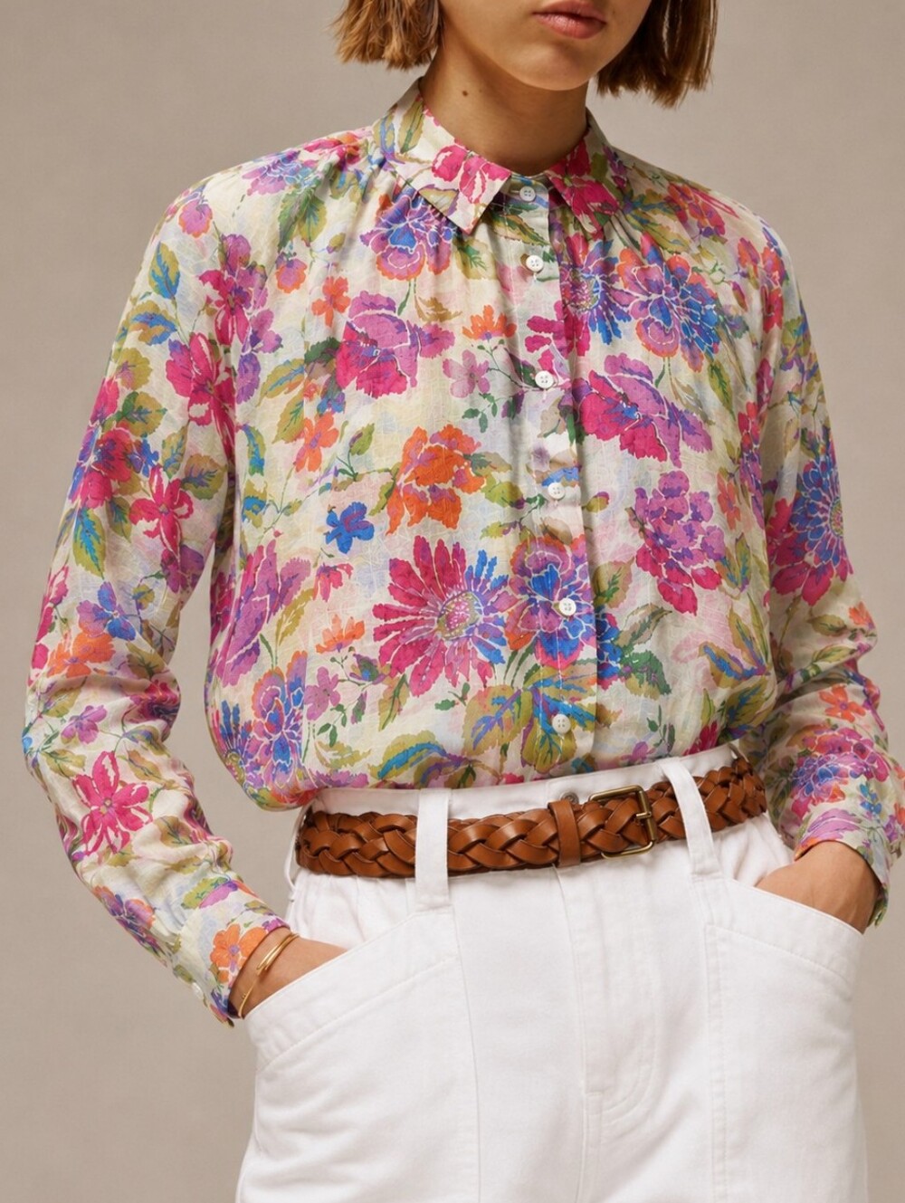 Easy Clothes Floral Blouse Medium Womens Long Sleeve Pink Blue Button Up Collar